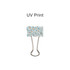 A binder clip featuring a light blue design with abstract patterns and silver metal arms.