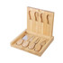 A bamboo cheese board set featuring four stainless steel utensils with bamboo handles and a hinged storage design.