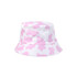 A pink and white cow print bucket hat with a wide brim and soft fabric. Features a branding logo on the side.