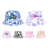 A collection of bucket hats featuring cow print in blue, white, black, pink, and orange, with various logos.