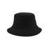 A black cotton bucket hat with a simple design and an unembellished brim. It features a branding logo.