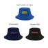 A blue cotton bucket hat with a logo and two black bucket hats with logos featuring different text styles.