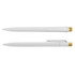 A white recycled plastic pen with a gold-coloured tip and clip, featuring a branding logo.