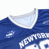 A blue jersey featuring a V-neck design, mesh fabric, and a logo on the shoulder. It includes a splicing detail.