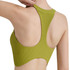 A women's zip-front racerback yoga crop bra tank in a vibrant green colour. Features a logo on the back.