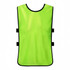 A bright green 100% polyester training bib with a black trim and adjustable straps on the sides.