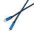 A blue and black long braided charging cable with USB and Lightning connectors. It features a logo on the connectors.