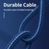 A close-up of a blue, nylon braided charging cable, showcasing its durable texture and design. Includes a logo.