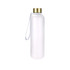 A drink bottle in translucent white with a gold lid and a strap, featuring a logo on the side.