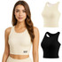 A seamless wide-strap racerback yoga bra tank in cream, featuring a logo, alongside black and cream variations.