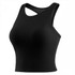 A black seamless wide-strap racerback yoga bra tank with ribbed detailing and a logo.