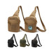Tactical sling bags in tan, black, green, and camouflage, featuring multiple zippered pockets and a logo.