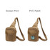 A tactical sling bag in tan colour, featuring zippers, multiple pockets, and a logo patch.