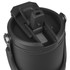 A drink bottle in matte black with a spout and secure lid features, along with metallic attachment points.