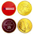 Gold chocolate coins with various designs, including pricing and logos, in a festive arrangement.
