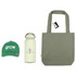 A green cap, a white drink bottle, and a grey tote bag arranged together. The products include branding.