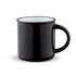 A black mug with a white interior and a sturdy handle. It features a logo on the side.
