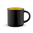 A black mug with a yellow interior, featuring a handle and a shiny finish. It has a logo on one side.
