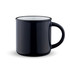 A drink mug in deep navy blue with a contrasting white interior and a comfortable handle. Features a logo.