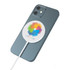 A magnetic wireless charger in a circular design with a colourful logo, placed on a smartphone. The charger is white.