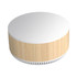 A round speaker with a white top and a bamboo-style finish, featuring a minimalist design and a logo.