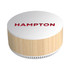 A round, wireless charging speaker in white and bamboo, featuring a logo on the top.