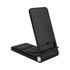 A black 3-in-1 wireless charger with adjustable stand and phone holder, featuring a branding logo.