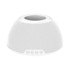 A white wireless charging speaker with a textured mesh design and control buttons at the base.