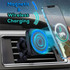 A black magnetic wireless car charger with blue lighting, positioned in a vehicle air vent, beside a smartphone.