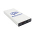A white wireless power bank with a logo, featuring USB ports and a sleek design.