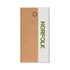 A wireless eco power bank in white with a cork panel, featuring a logo and a power button.