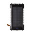 A black solar power bank with a textured surface, featuring solar panels and a leather strap. It has a logo.