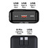 A black power bank featuring multiple USB ports, including Micro, Type-A, and Type-C, along with cables for connection.