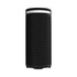 A cylindrical black wireless speaker with a textured surface and a white accent on top, featuring a logo.