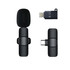 A black wireless microphone with a compact design, accompanied by an adapter, featuring a minimalist style and branding.