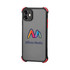 A rugged iPhone case in grey with red accents, featuring a logo on the back.