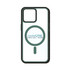 A green and clear phone case with a logo and MagSafe compatibility. Designed for iPhone models.