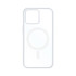 A transparent white MagSafe iPhone case featuring a circular magnetic area. The case has a minimalistic design.