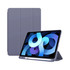 A grey tablet cover stands upright with a tablet displaying an abstract blue design. The cover has a logo.