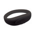 A black silicone wristband with a smooth finish and a raised area, featuring a logo.