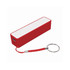 A red power bank with a keyring attachment and one USB output, featuring a plain white section on top.