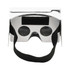 A pair of white virtual reality glasses with black lenses and a black adjustable strap.