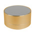 A gold Bluetooth speaker with a grey mesh grille on top, featuring a sleek, cylindrical design.