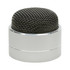 A compact silver Bluetooth speaker with a black mesh top design. It features a sleek, rounded shape and a branding logo.