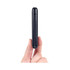 A black power bank held between fingers, showcasing a sleek, compact design. It features a logo on the surface.