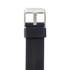 A black smart band with a silver buckle and a textured strap featuring a logo.