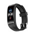 A black smart band with a sleek design, featuring a digital display and a patterned strap, including a logo.
