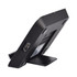 A black wireless charger stand with a sleek design, featuring a USB port on the back and a sturdy base.