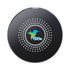 A round black wireless charger featuring a central logo and a dotted design around it. A round black wireless charger featuring a central logo and a dotted design around it.