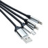 A charging cable in black with three connectors: USB, Lightning, and micro USB. It features a silver metallic design.